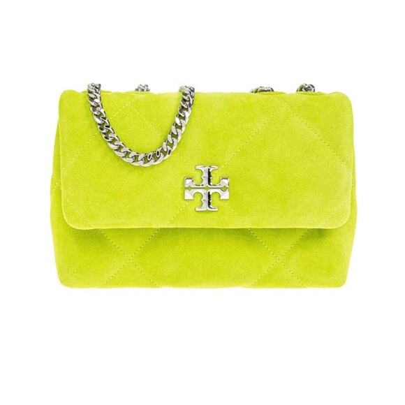Tory Burch Mini Kira Bag Yellow Green Suede Crossbody Silver Chain - Picture 2 of 13